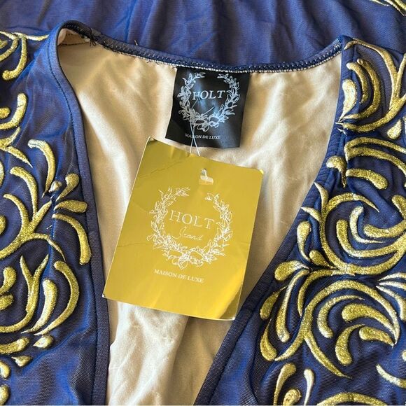 HOLT Maison De Luxe Hand Painting Navy & Gold Mini Embroidered Dress Size L - Picture 8 of 8